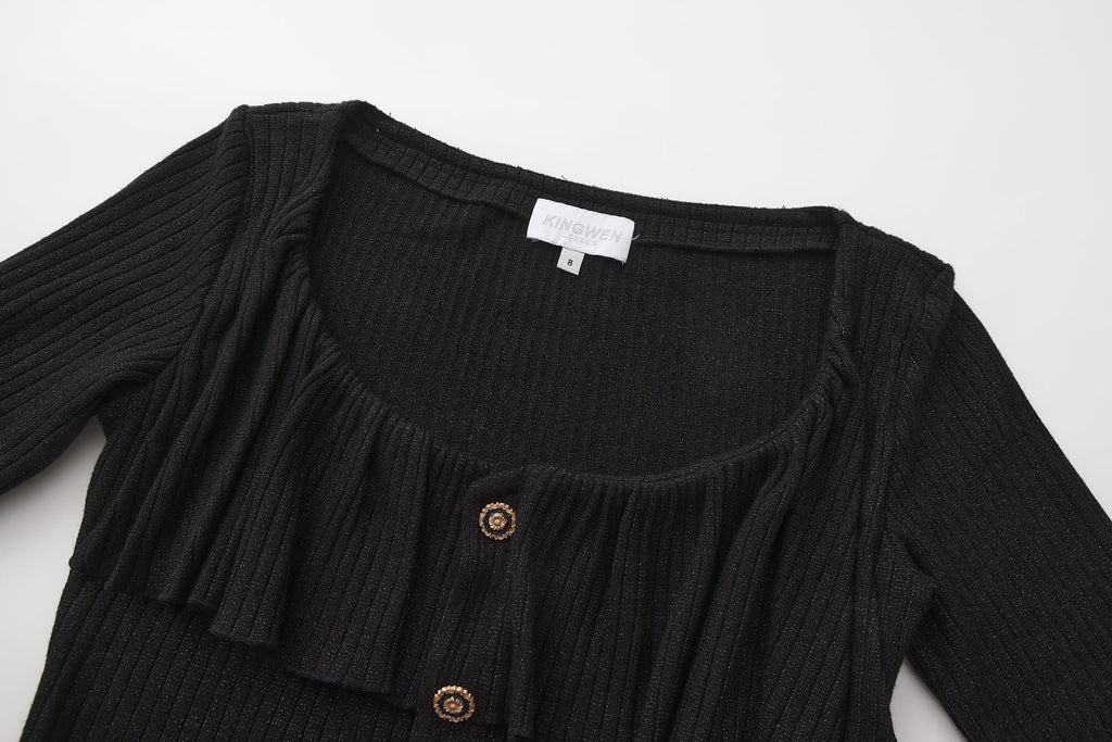Black Silver Thread U-Neck Lace Trim Knit Cardigan