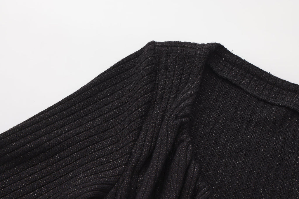 Black Silver Thread U-Neck Lace Trim Knit Cardigan
