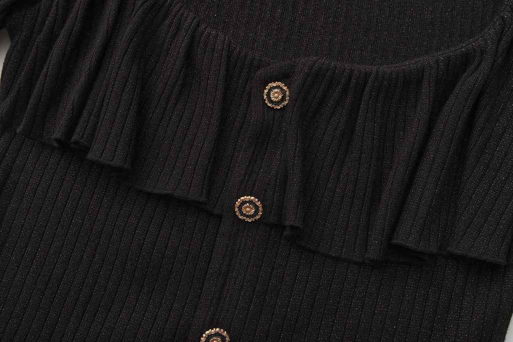 Black Silver Thread U-Neck Lace Trim Knit Cardigan