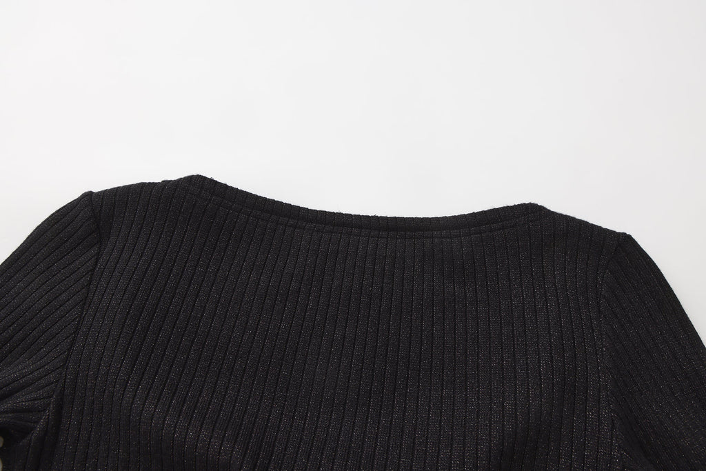 Black Silver Thread U-Neck Lace Trim Knit Cardigan