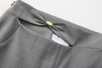 Warm Grey Bow Hollow Spliced Straight-Leg Pants