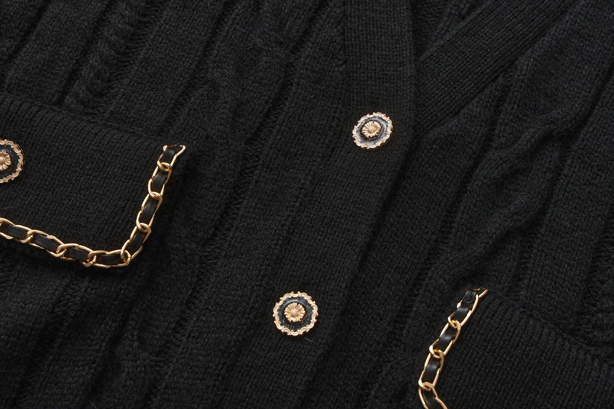 Black Oversized Knit Chain Detail Gold Button Cardigan Coat