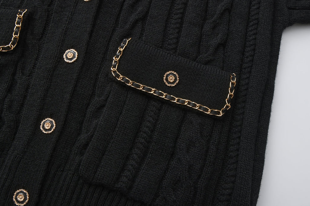 Black Oversized Knit Chain Detail Gold Button Cardigan Coat