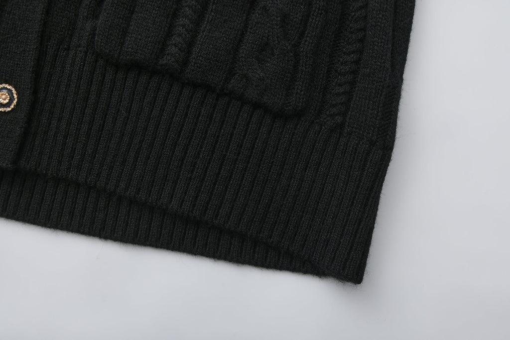 Black Oversized Knit Chain Detail Gold Button Cardigan Coat