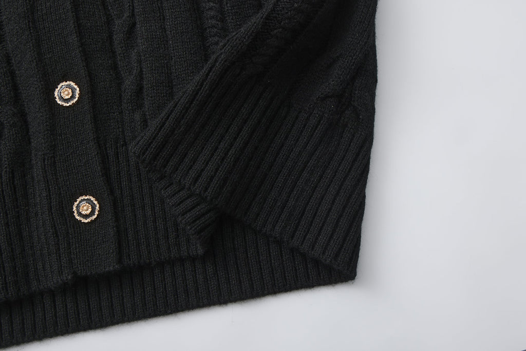 Black Oversized Knit Chain Detail Gold Button Cardigan Coat