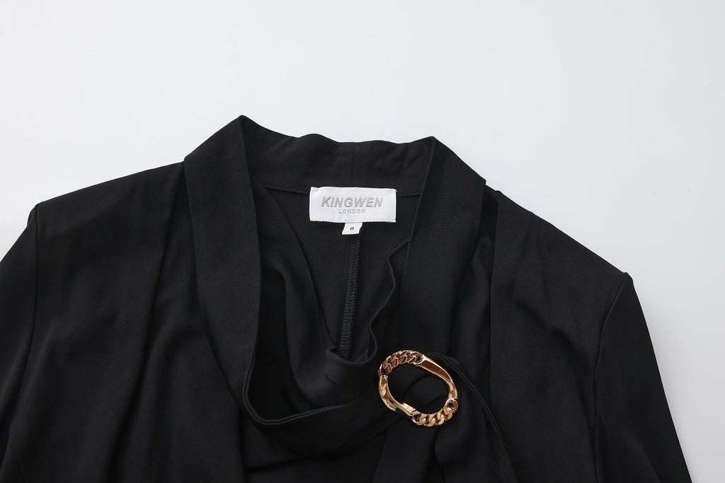 Black Cowl Neck Gold Button Ribbon Blouse