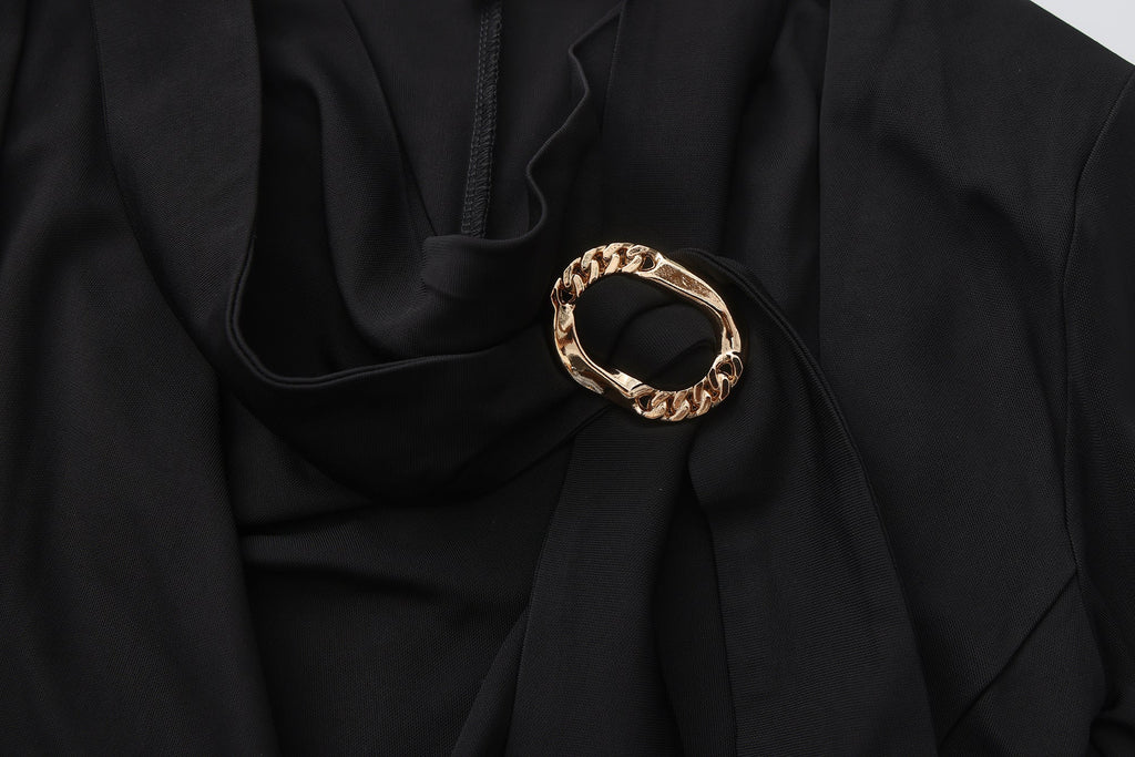 Black Cowl Neck Gold Button Ribbon Blouse