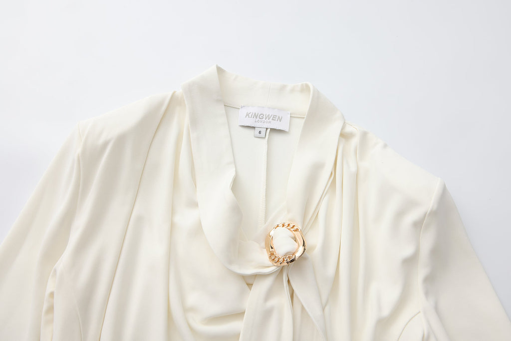 White Cowl Neck Gold Button Ribbon Blouse