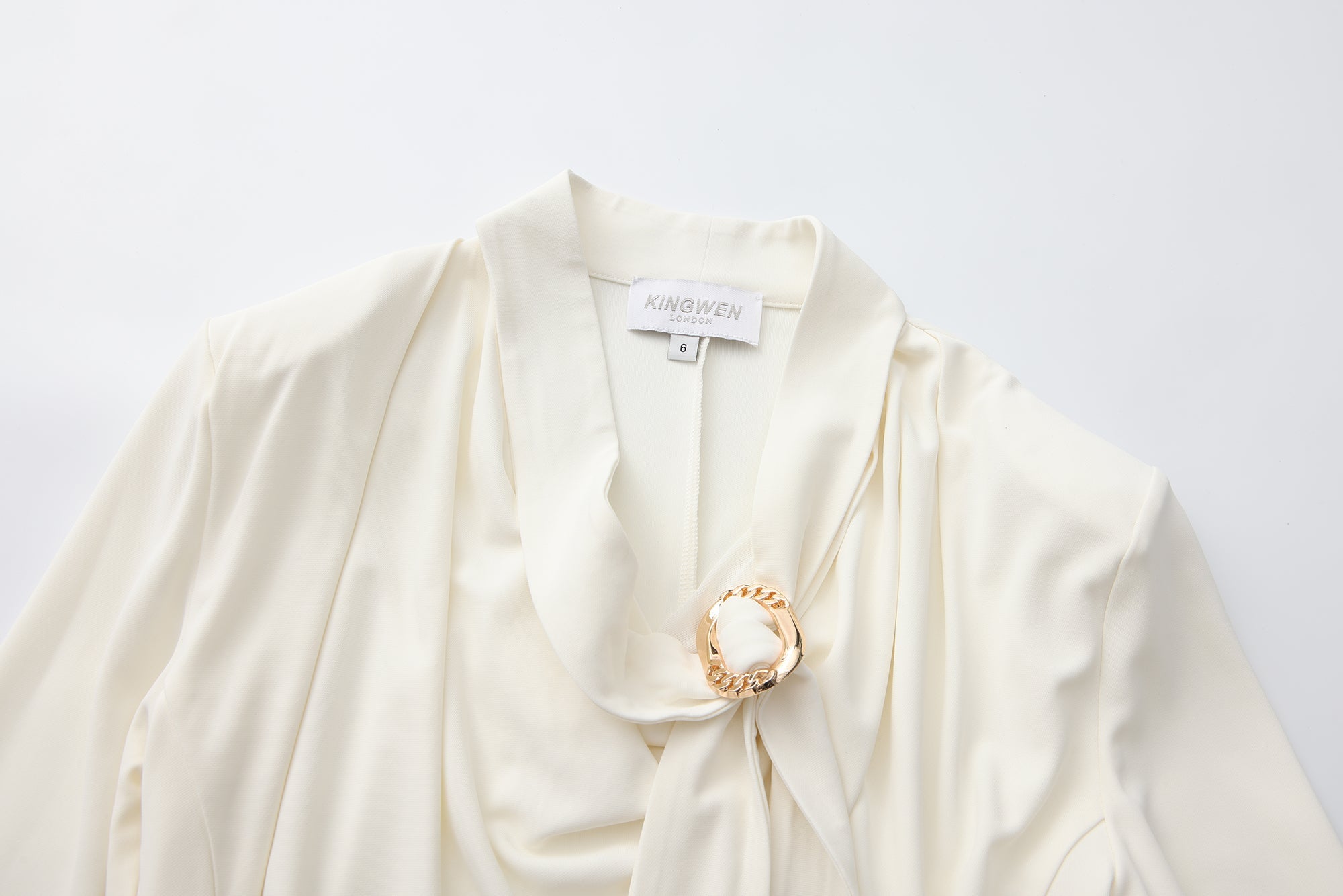 White Cowl Neck Gold Button Ribbon Blouse