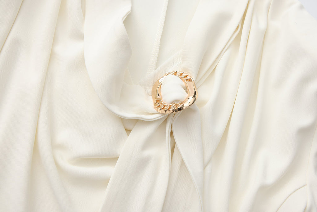 White Cowl Neck Gold Button Ribbon Blouse