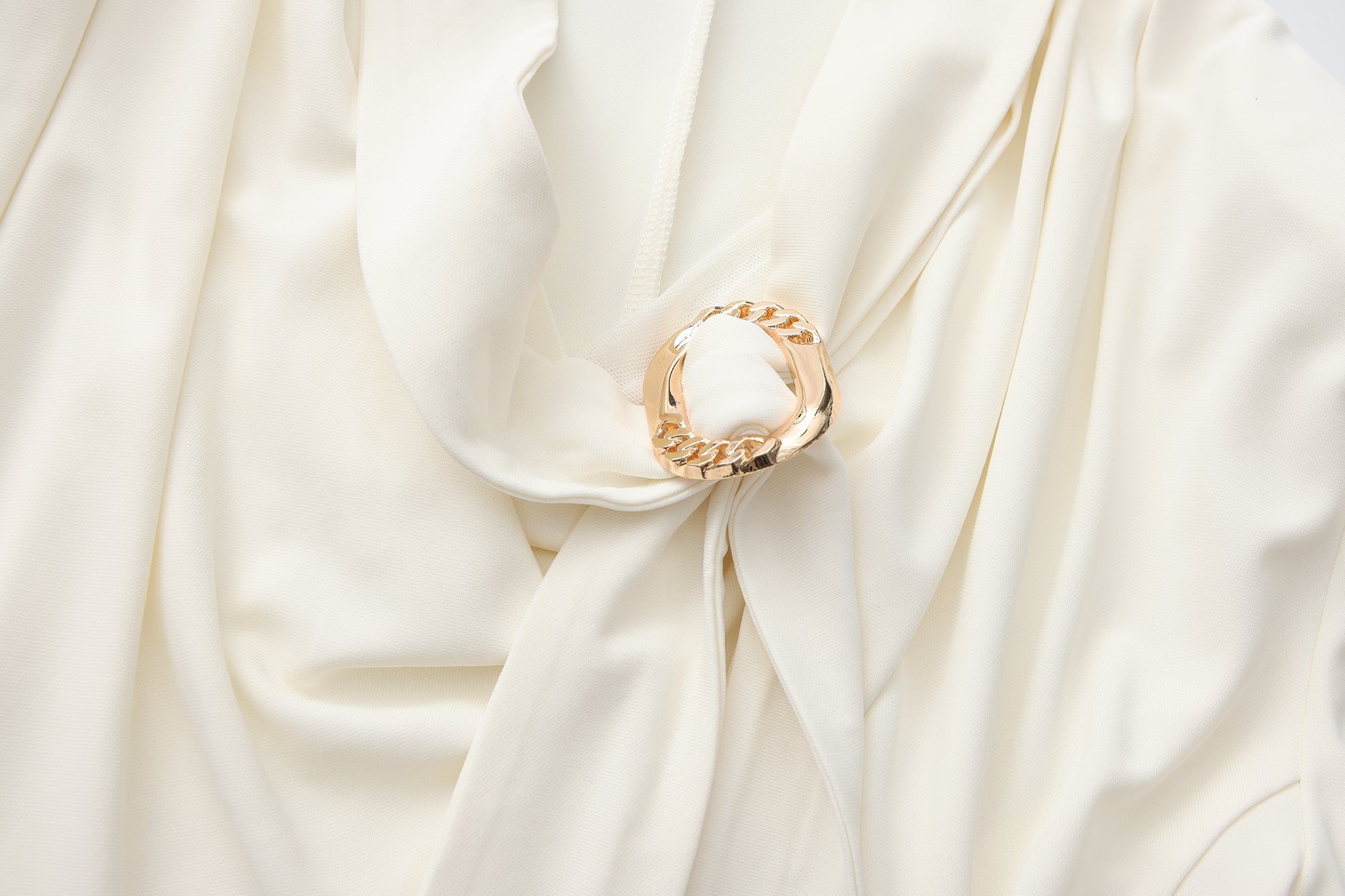 White Cowl Neck Gold Button Ribbon Blouse