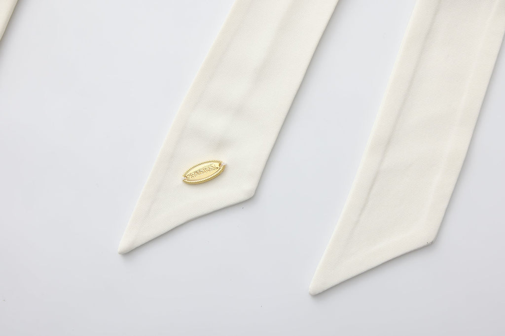White Cowl Neck Gold Button Ribbon Blouse