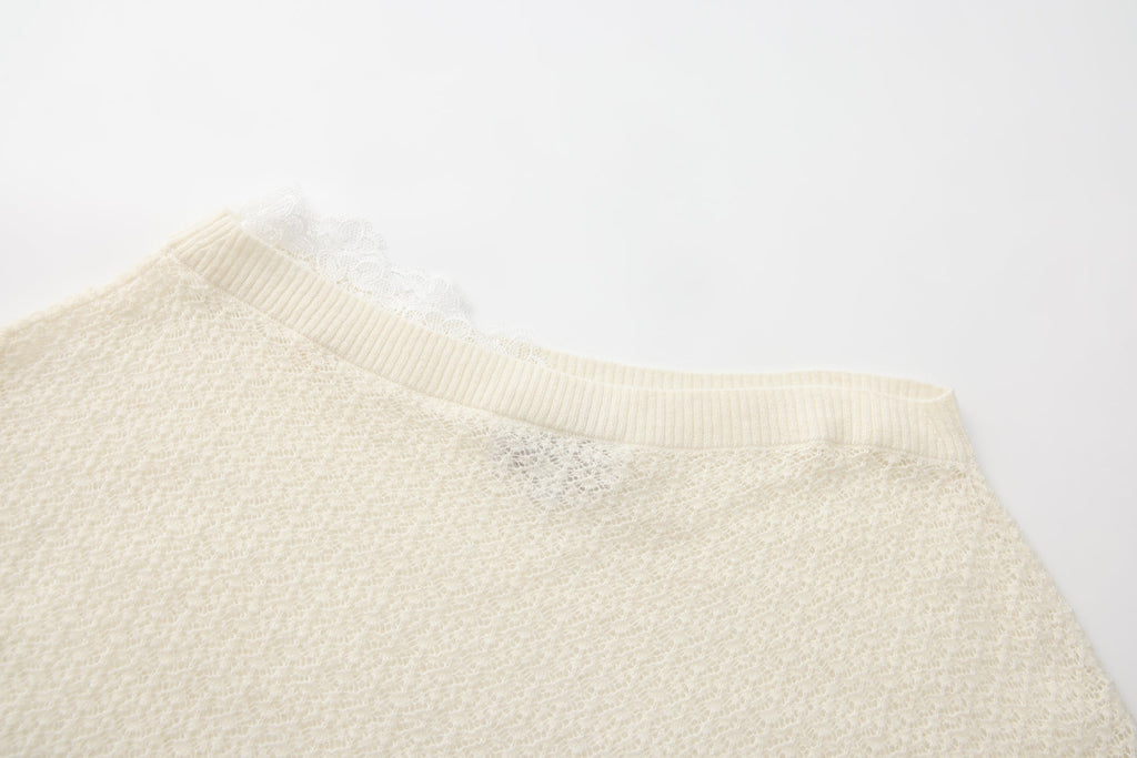 White Lace Panel Shell Knit Cardigan