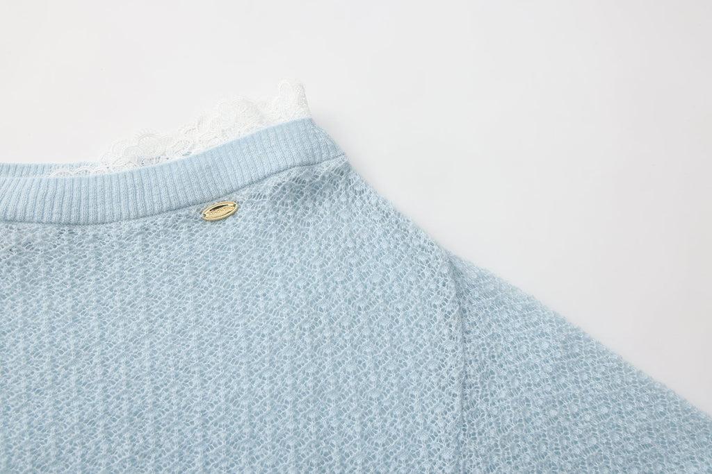 Blue Lace Panel Shell Knit Cardigan