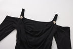 Black Off-The-Shoulder Draped Halter Long-Sleeve Top