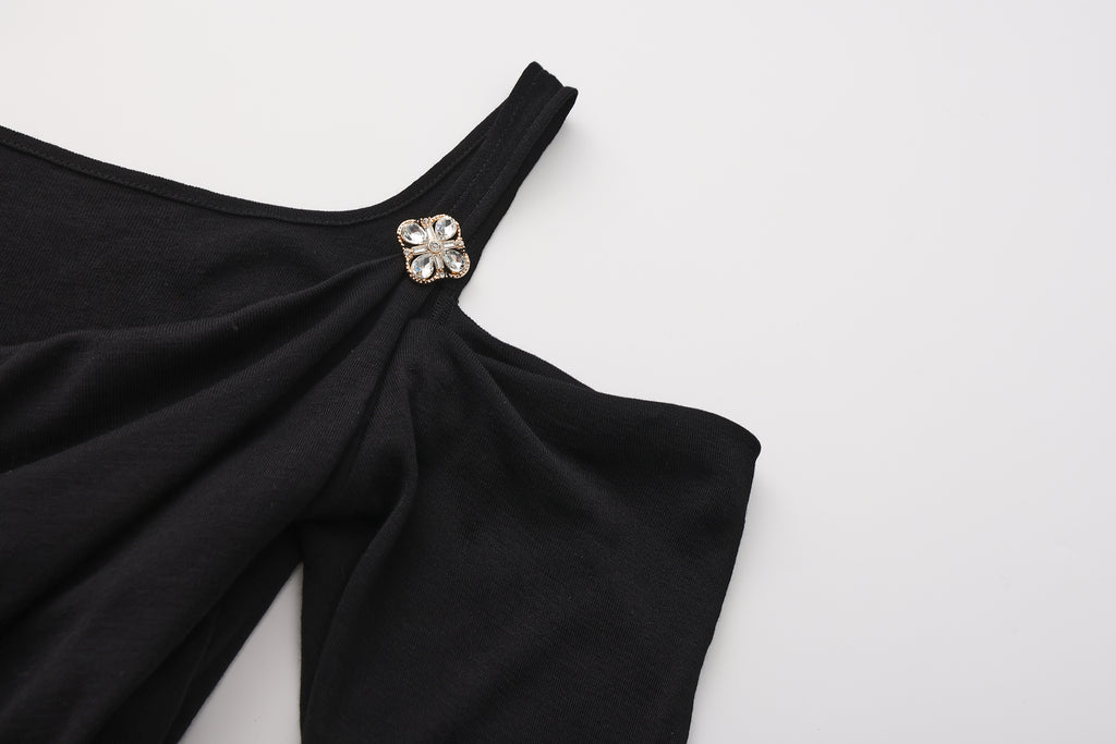 Black Off-The-Shoulder Draped Halter Long-Sleeve Top