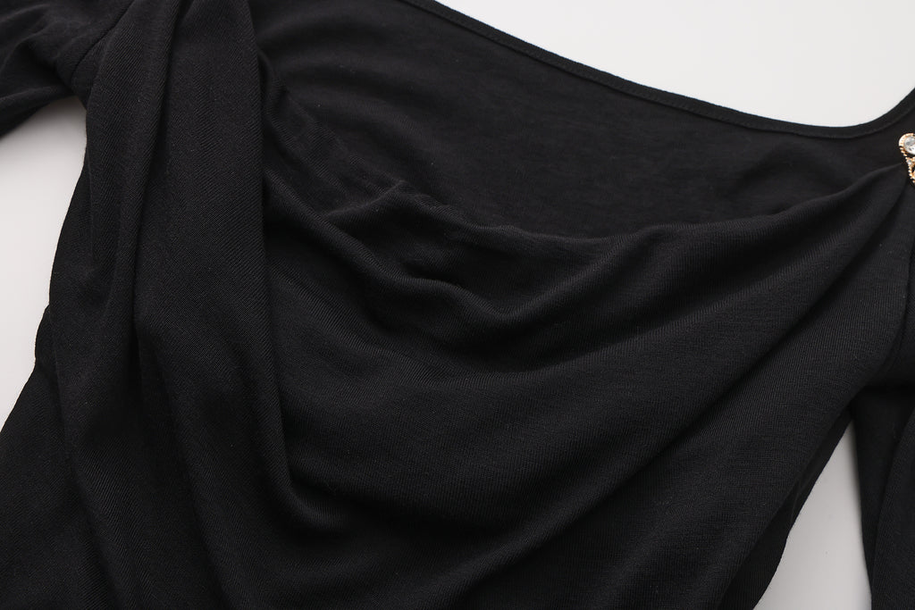 Black Off-The-Shoulder Draped Halter Long-Sleeve Top