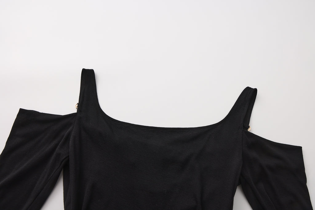 Black Off-The-Shoulder Draped Halter Long-Sleeve Top