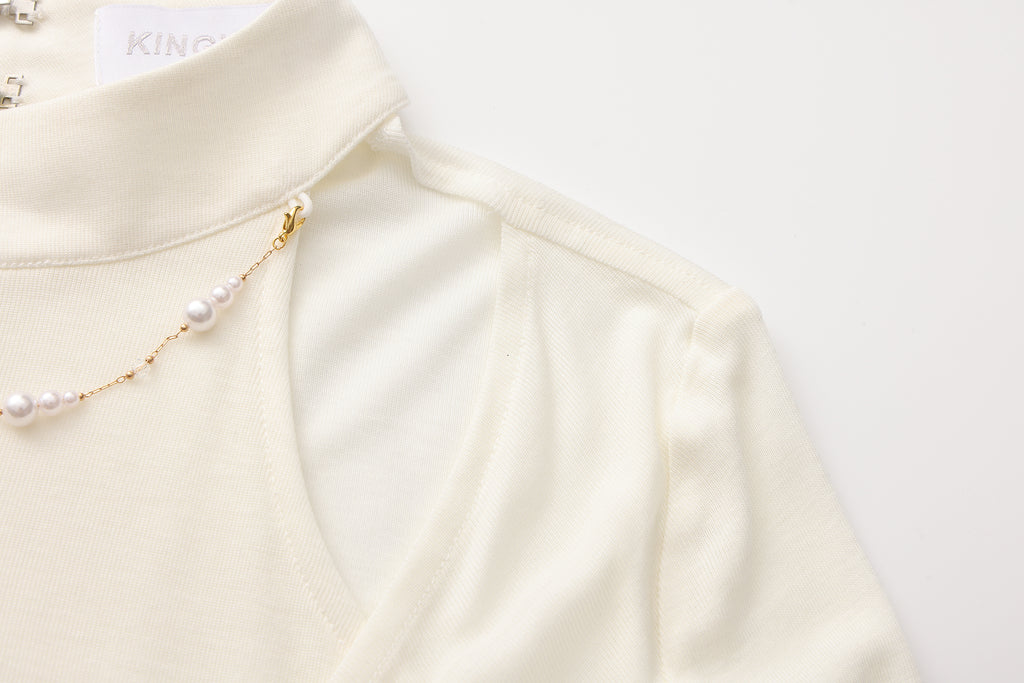 White Beaded Mock-Neck False Two-Piece Top