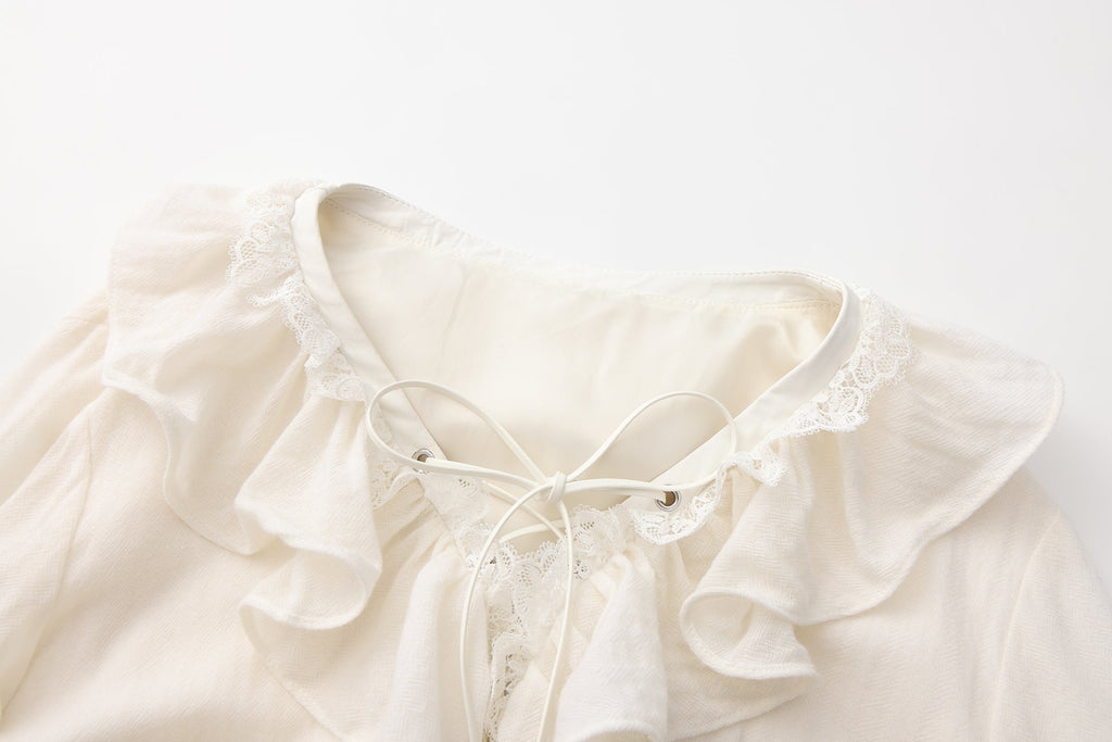 White V-Neck Lace Ruffle Panel Tie Dress