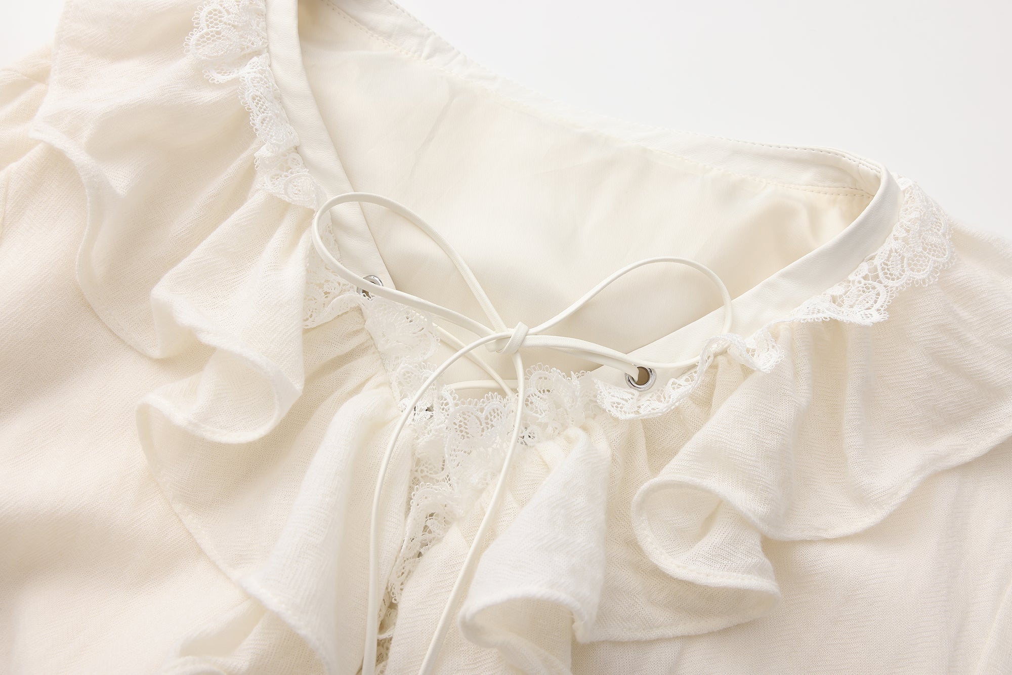 White V-Neck Lace Ruffle Panel Tie Dress