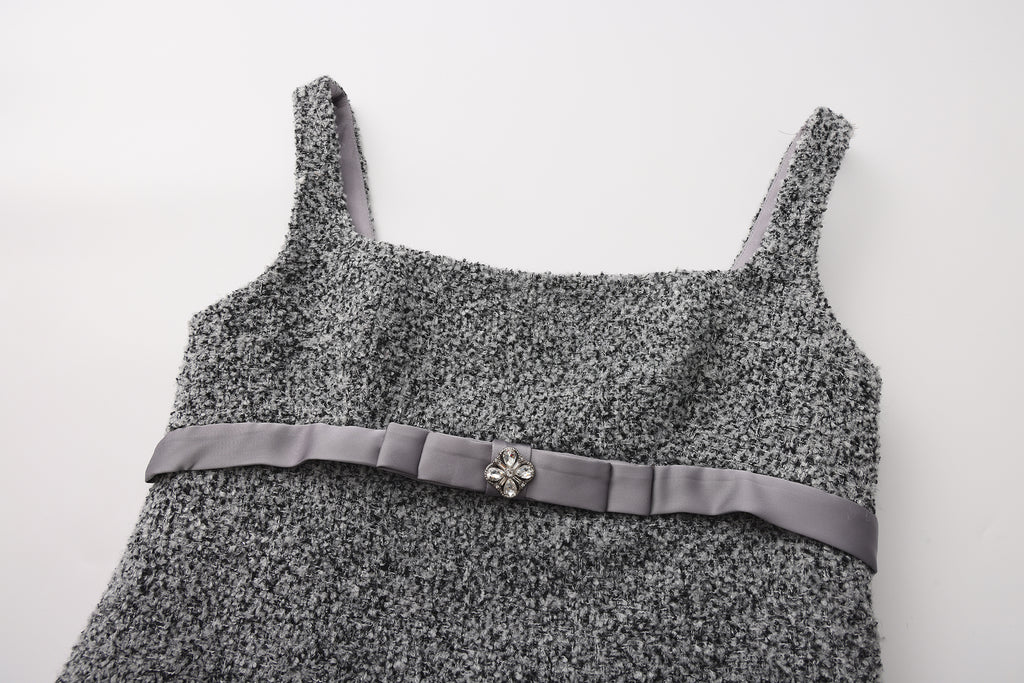 Gray Square-Necked Bow Woolen Dress