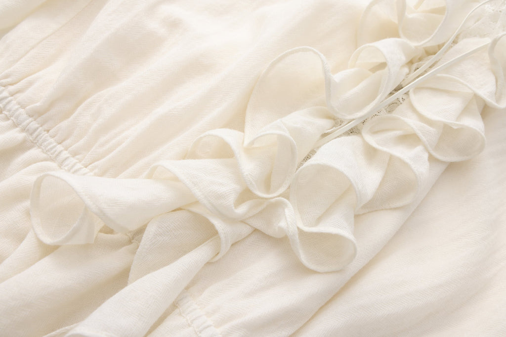 White V-Neck Lace Ruffle Panel Tie Dress