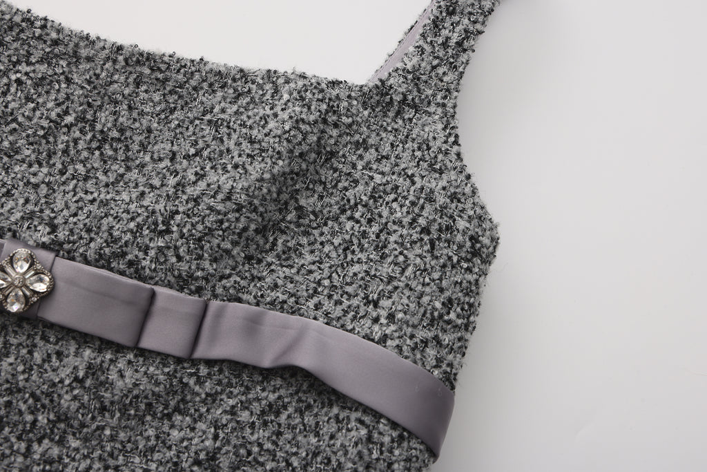 Gray Square-Necked Bow Woolen Dress
