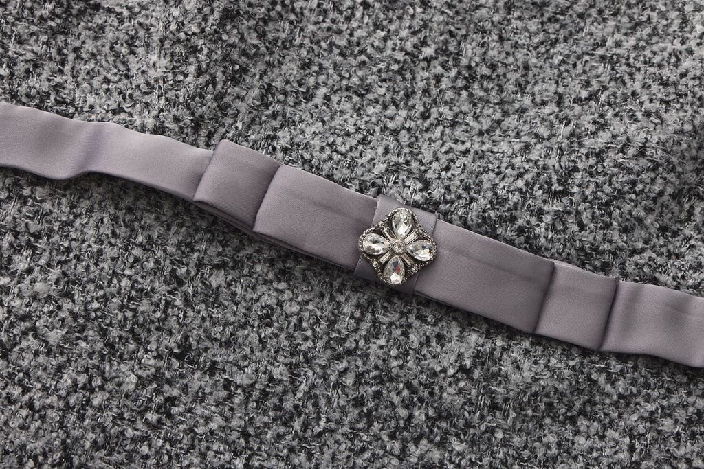 Gray Square-Necked Bow Woolen Dress