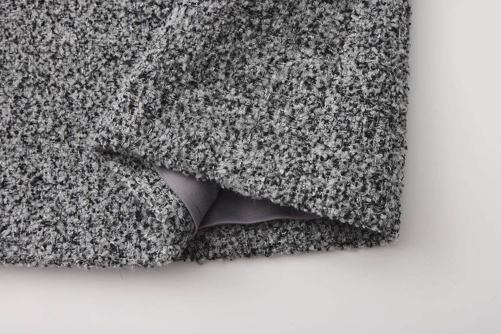 Gray Square-Necked Bow Woolen Dress