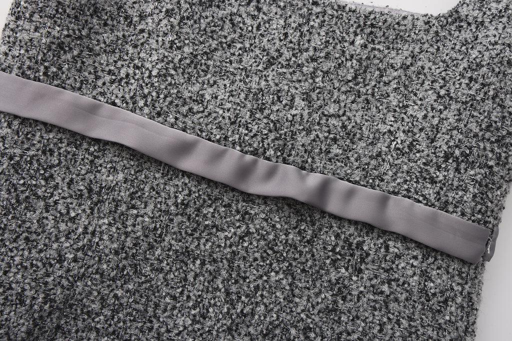 Gray Square-Necked Bow Woolen Dress