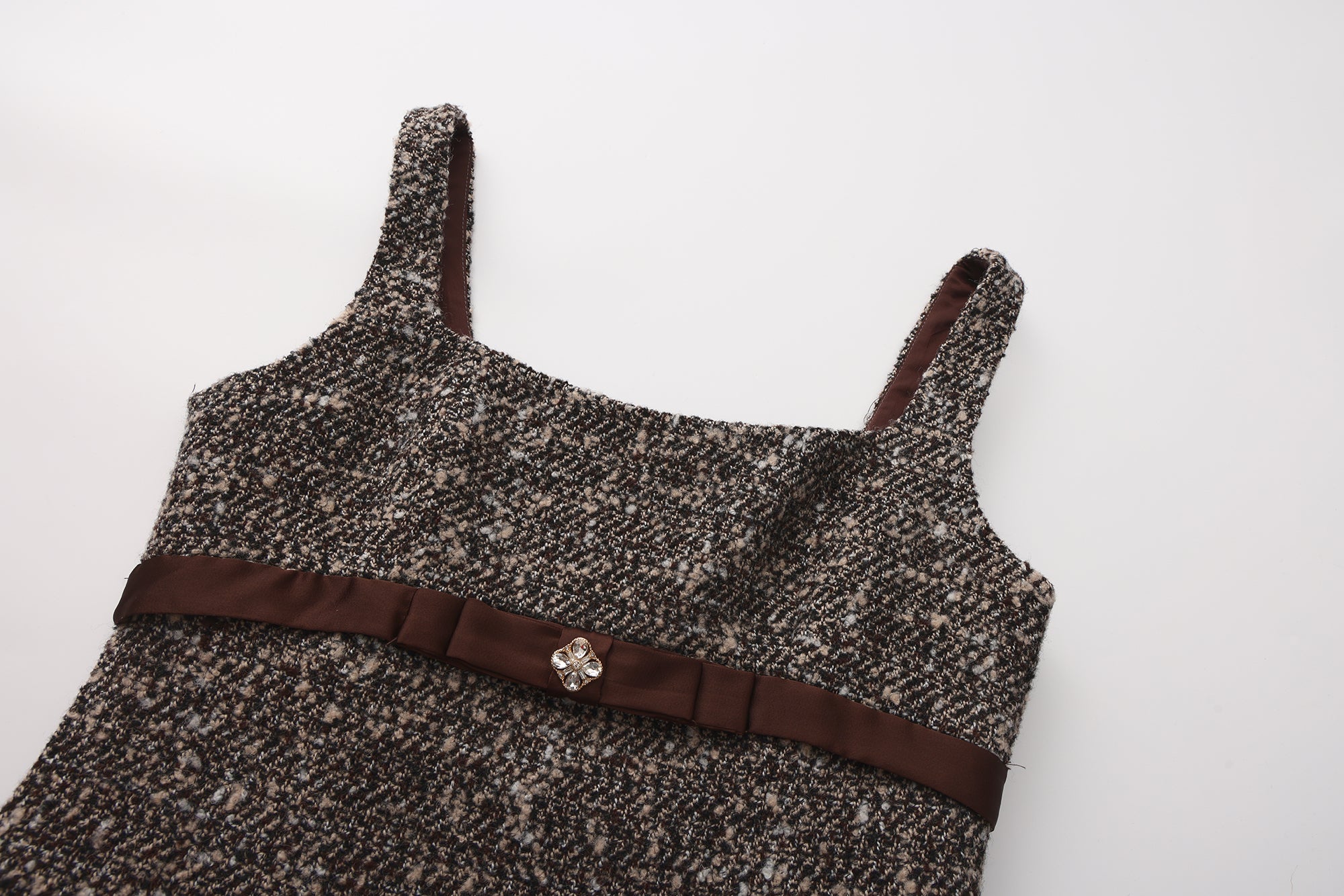 Brown Square-Necked Bow Tweed Dress