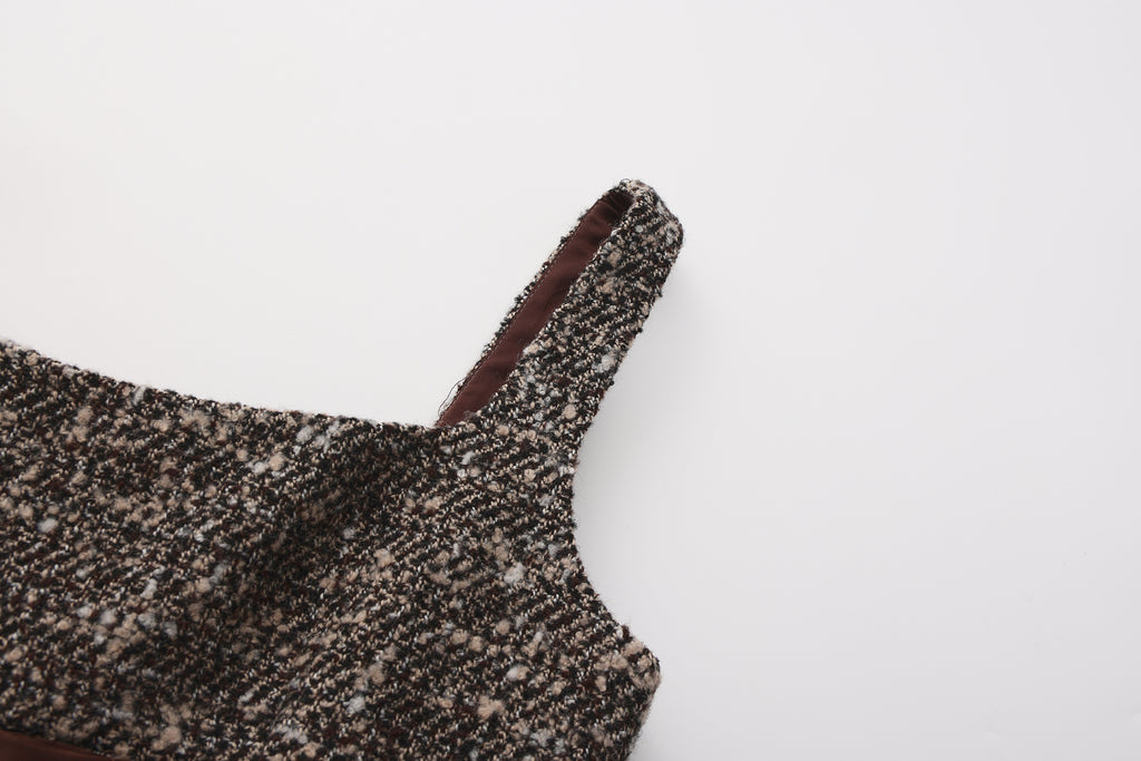 Brown Square-Necked Bow Tweed Dress