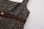 Brown Square-Necked Bow Tweed Dress