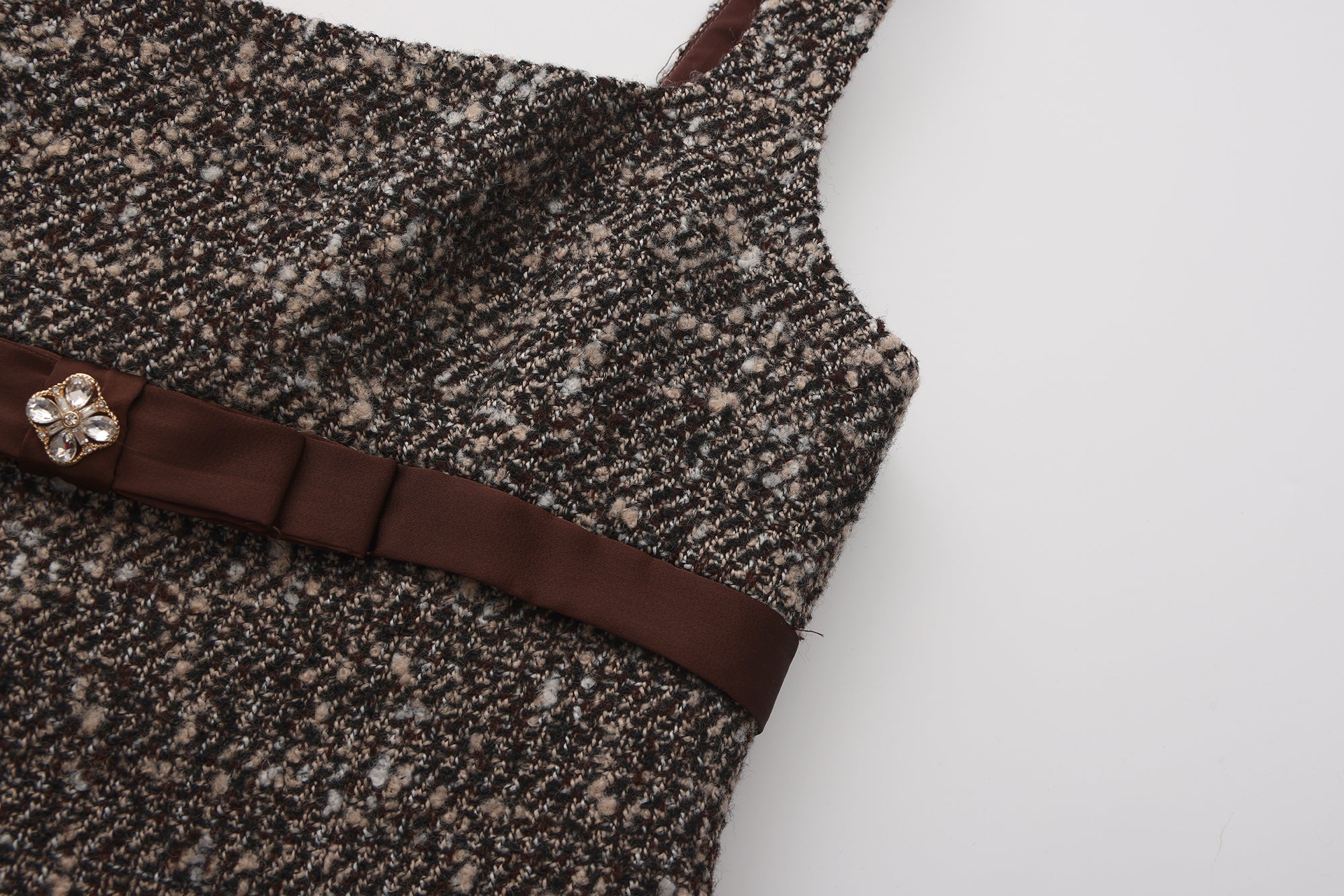 Brown Square-Necked Bow Tweed Dress