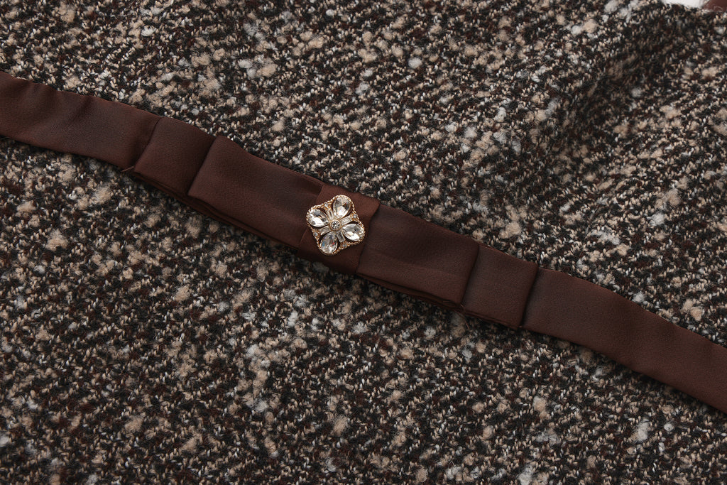 Brown Square-Necked Bow Tweed Dress