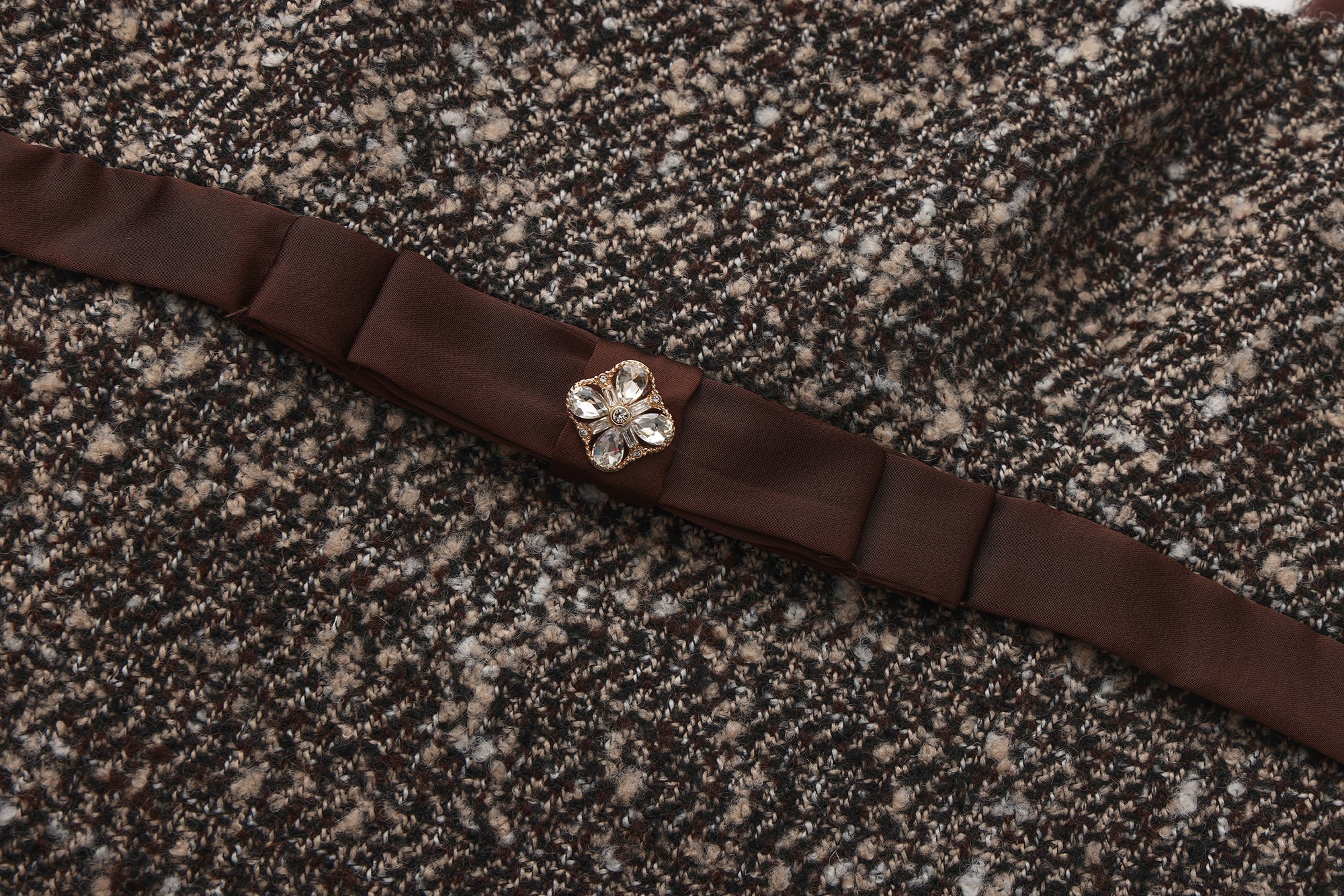 Brown Square-Necked Bow Tweed Dress
