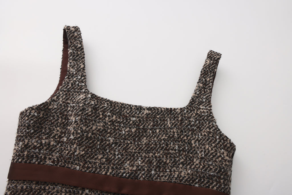 Brown Square-Necked Bow Tweed Dress