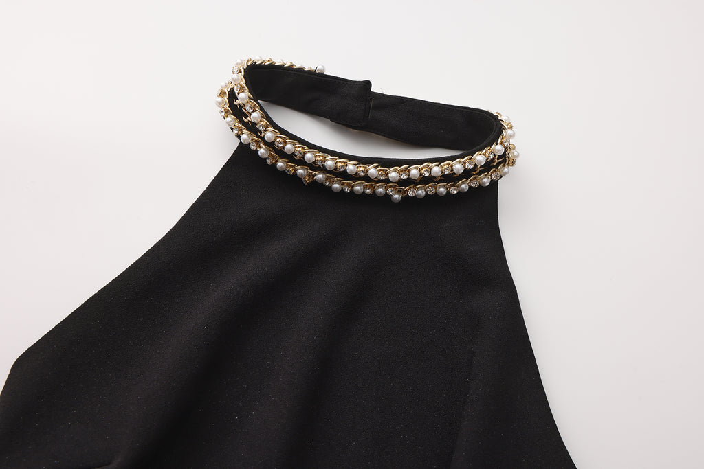 Black Halter Beaded Ruched Dress
