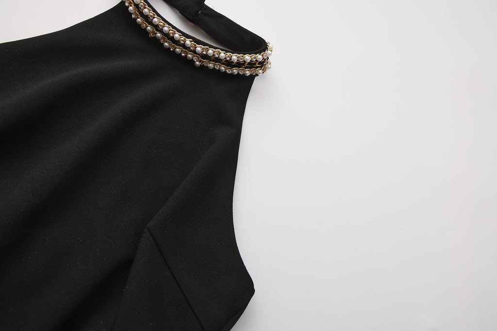 Black Halter Beaded Ruched Dress