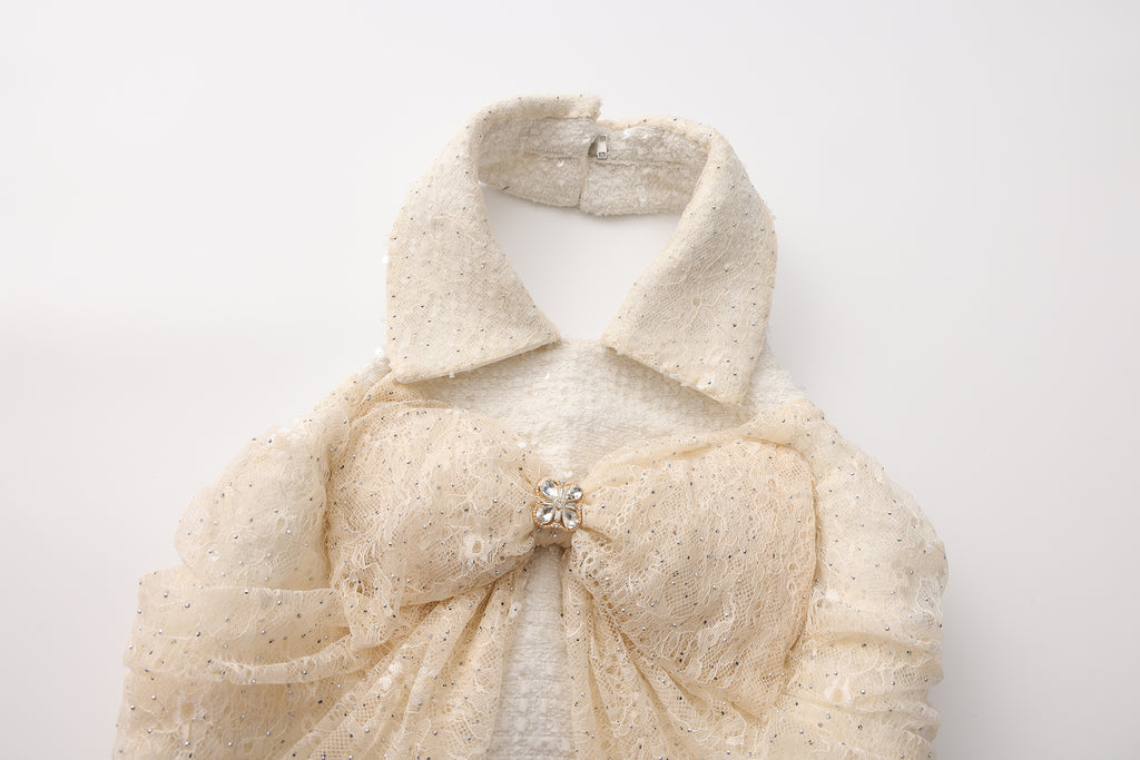 White Collar Halter Bow Lace Top