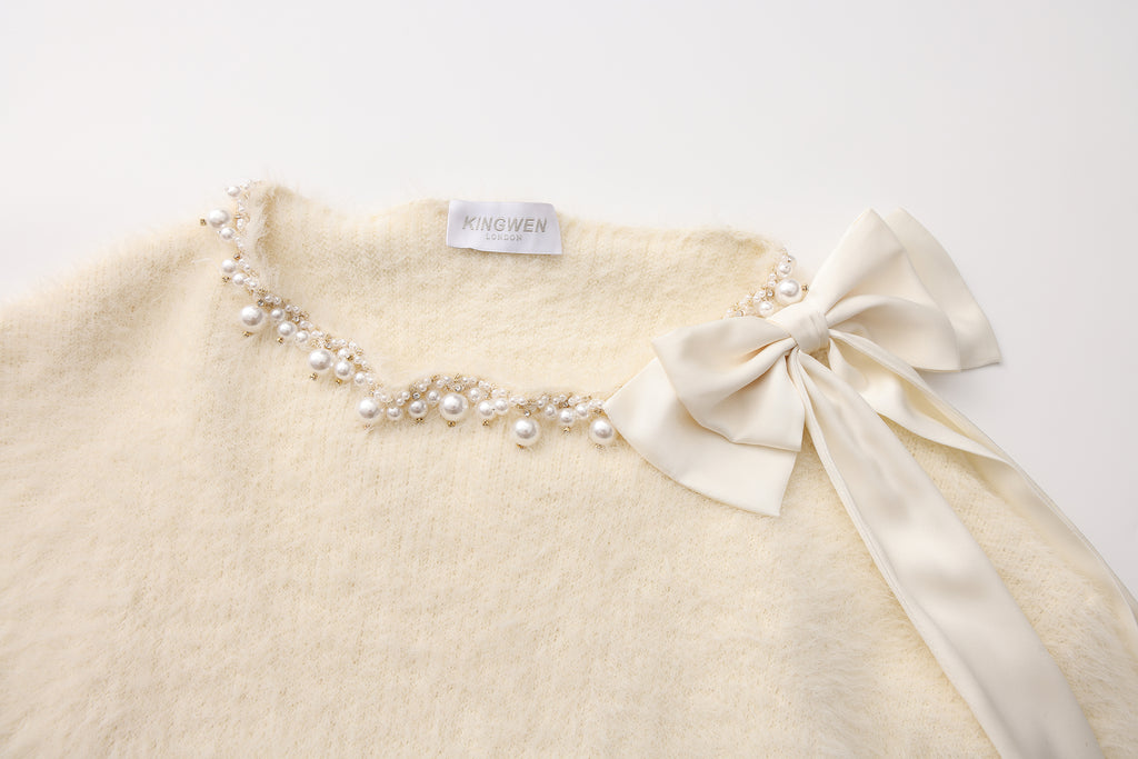 White Off-The-Shoulder Beaded Sweater