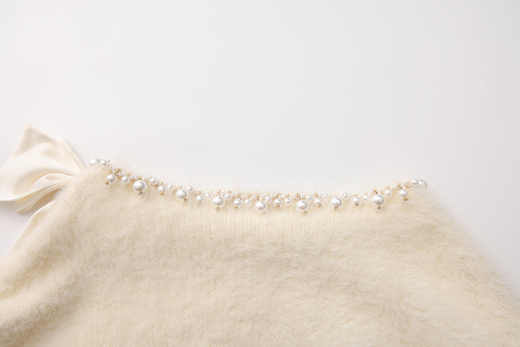 White Off-The-Shoulder Beaded Sweater