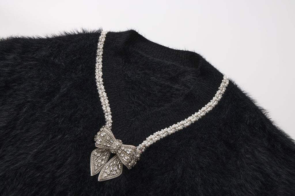 Black Bow Draped Chain Sweater
