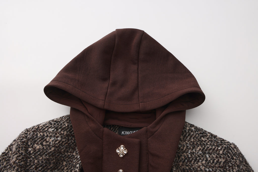 Brown Detachable Square-Necked Tweed Coat