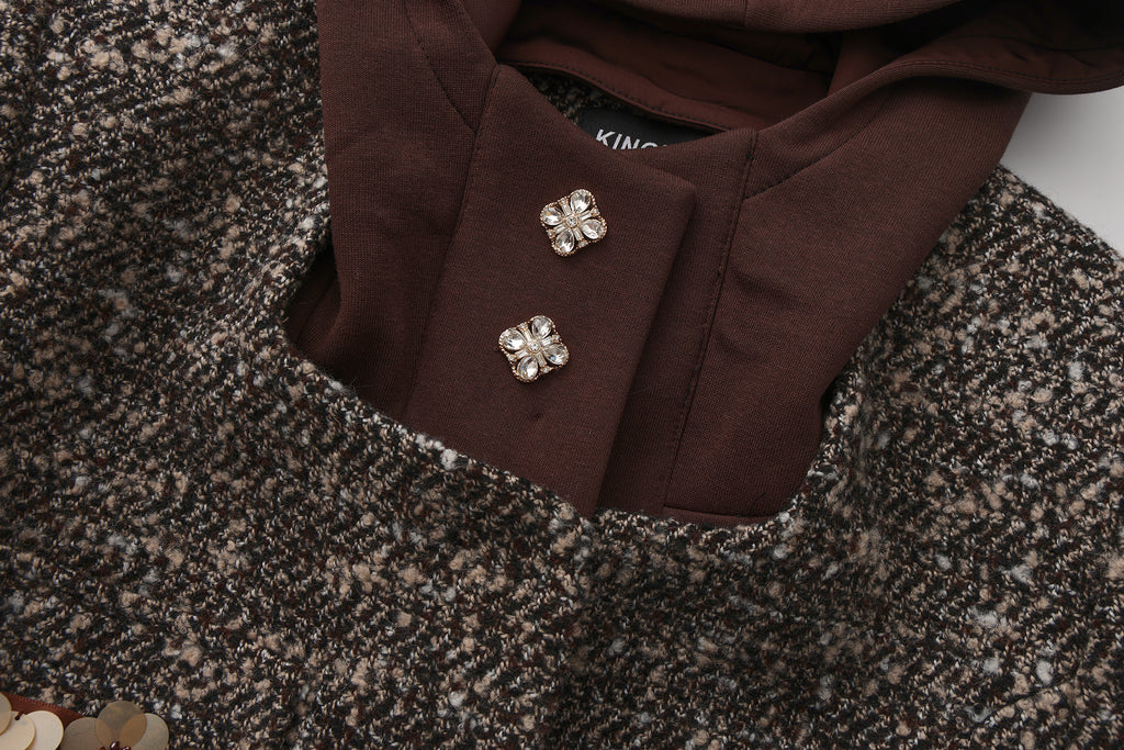 Brown Detachable Square-Necked Tweed Coat