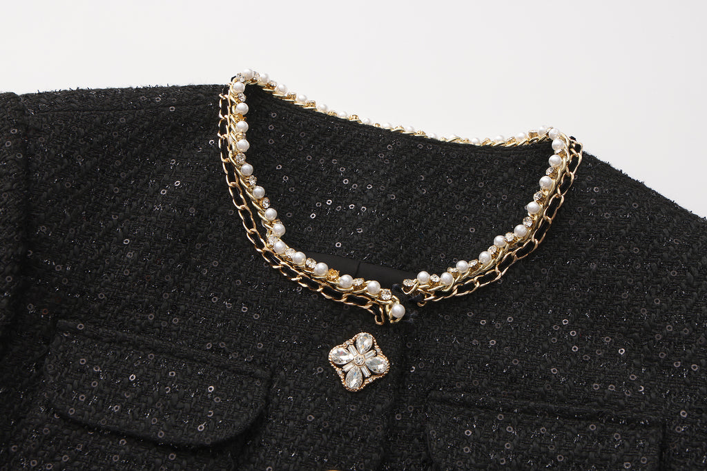 Black Round-Necked Small Fragrance Coat With Pockets