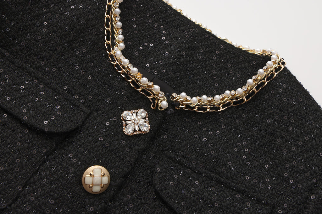 Black Round-Necked Small Fragrance Coat With Pockets