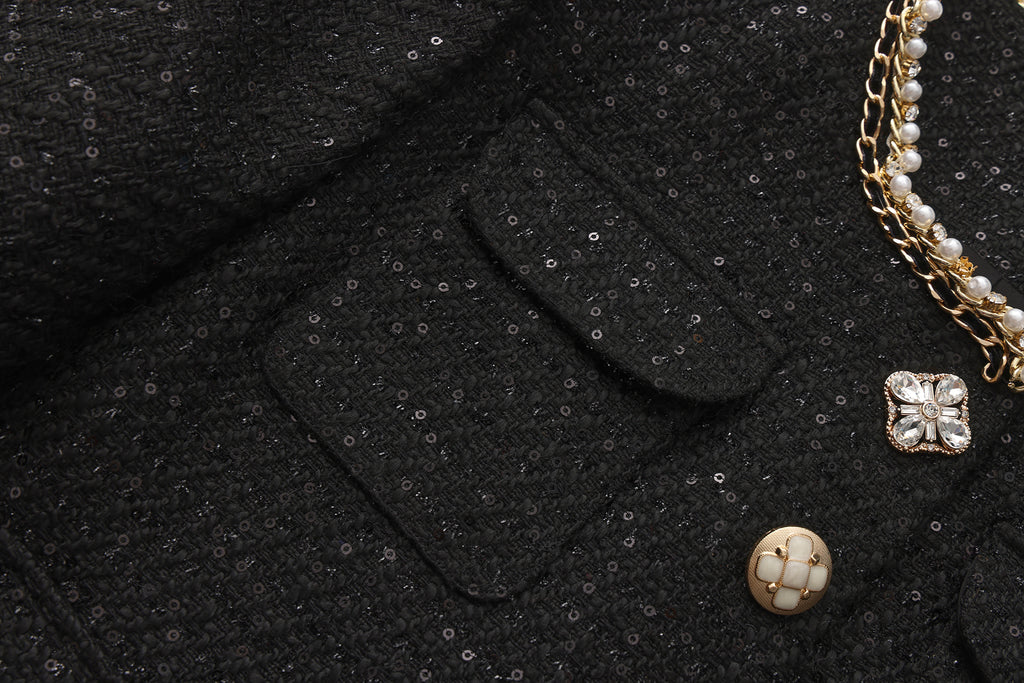 Black Round-Necked Small Fragrance Coat With Pockets
