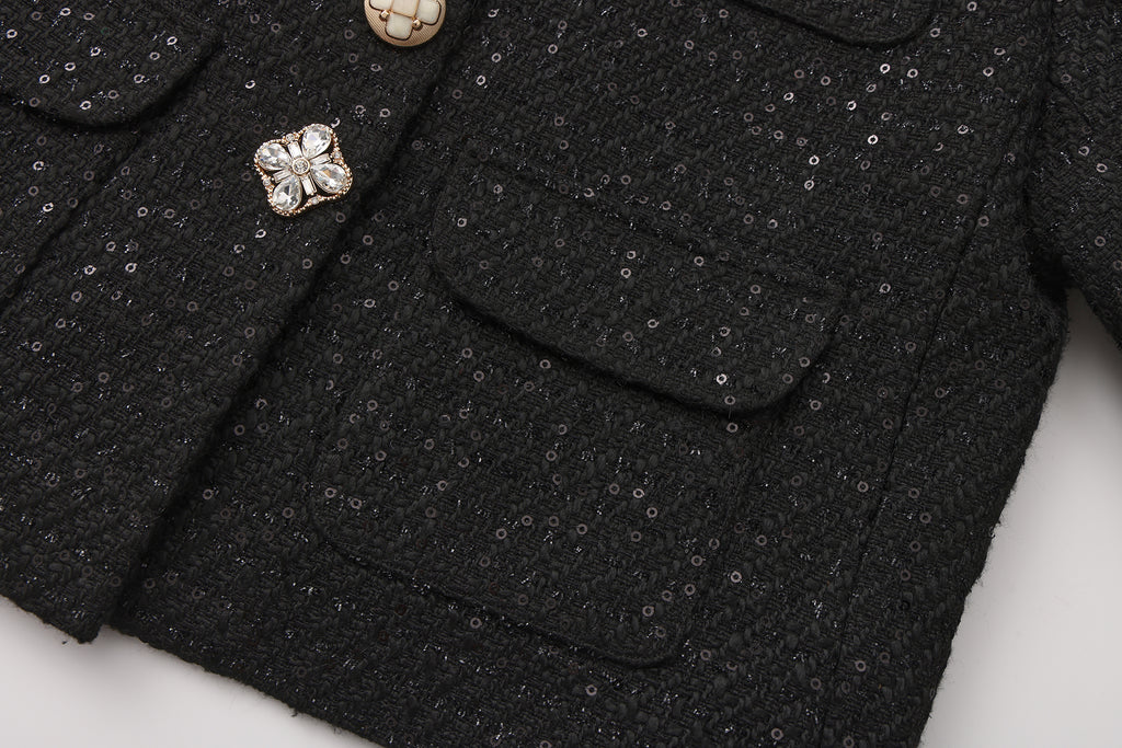 Black Round-Necked Small Fragrance Coat With Pockets